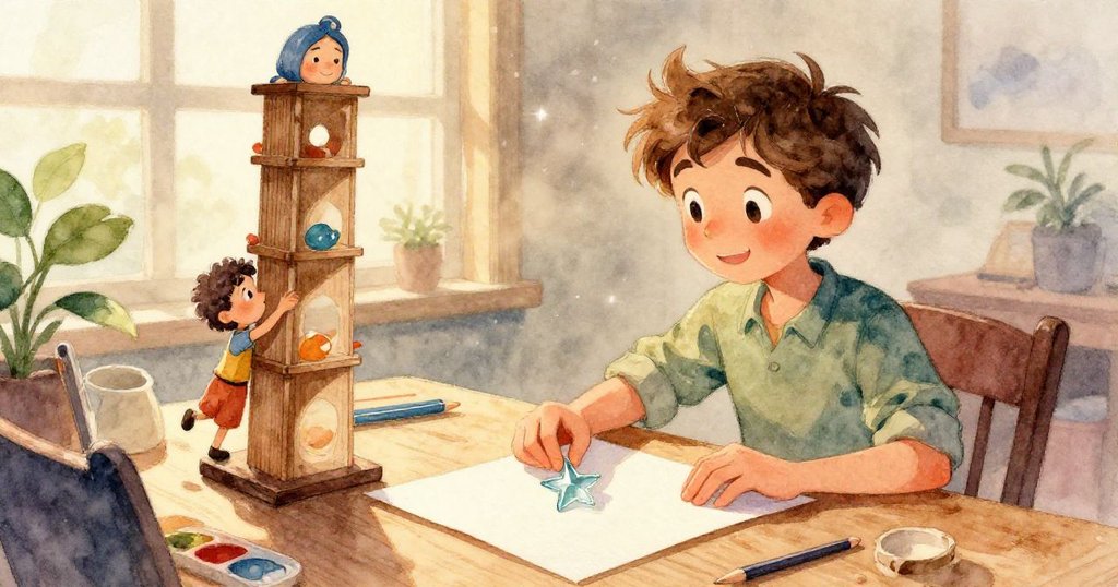 Liam小心伸手取玻璃星，細緻彩紙質感清晰展現，充滿專注與期待，光線柔和映照桌面。