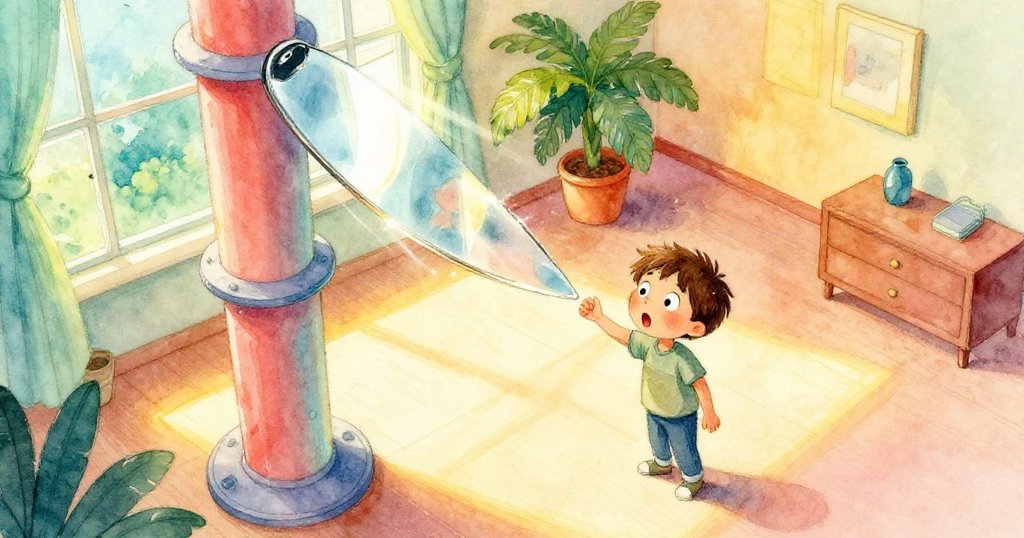 Liam仰望滑落鏡子，驚訝神情盡顯，明亮陽光反射出藝術用品，空間充滿活力。