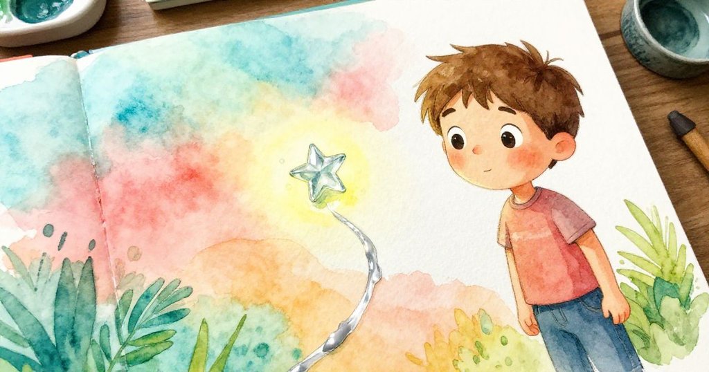 Liam驚訝注視畫布上濕膠中掉落的玻璃星，銀色路徑神秘綻放，展示意外創意火花。