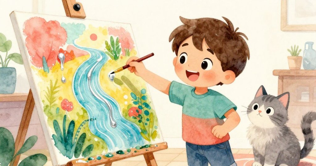Liam揮灑彩筆將銀色痕跡變幻成河流與山脈，背景中貓咪好奇凝視，畫面洋溢著歡慶創意。