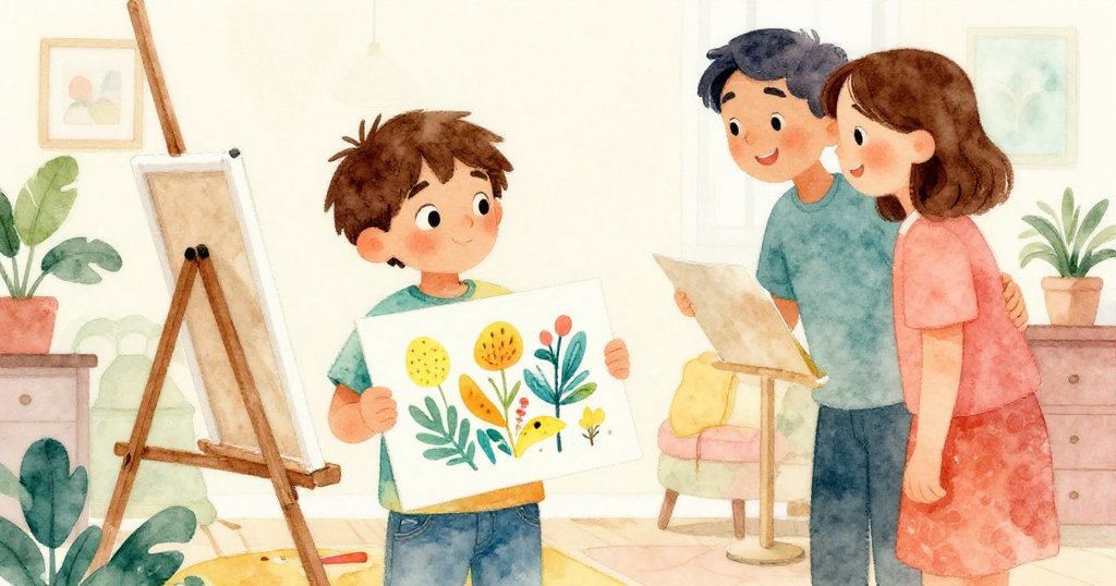 Liam滿懷自豪提著完成畫作至晾曬架，與家庭成員交換鼓勵微笑，溫馨居家藝術空間洋溢情感。