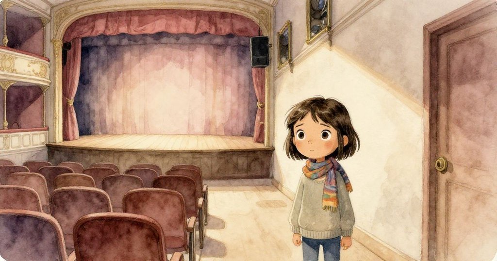 Mira站在老劇院內等待錄音，環境昏黃、椅子成排，空氣中漂浮著微塵，充滿期待且安靜。