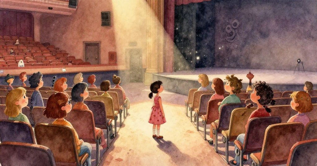 Mira小心翼翼地將錄音器放在腳燈旁，手部細節明顯，背景呈現柔和木質舞台，充滿專注與細膩感。