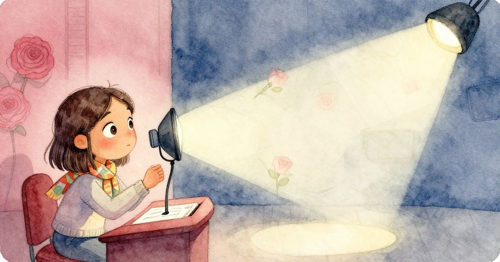 分割畫面左側Mira專注錄音，右側聚焦搖晃的燈罩發出聲響，表現突發狀況與內心波動的瞬間。