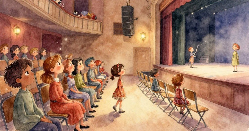 帶有懷舊色調的畫面中，後台的鏡子微微搖晃，映出空蕩劇場的扭曲影像，讓人聯想到往昔回憶與細微不安。