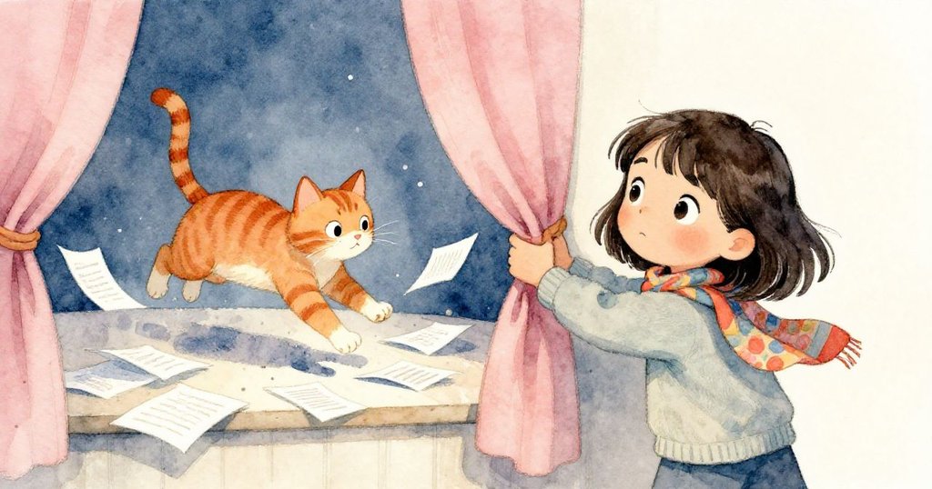 Mira拉開厚重幕布，露出一隻活潑的薑貓迅速沖出，同時推動組合節目單，紙張飛舞，充滿驚喜與動感。