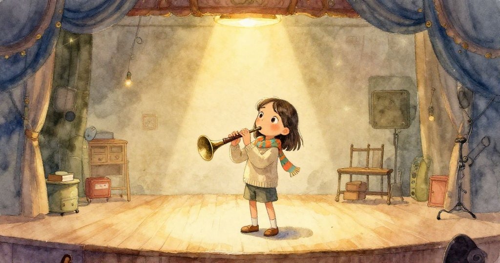 Mira在安靜舞台上重新啟動錄音器，周圍暖光融洽，記錄下從混亂到平靜的轉變，重現開場寧靜景象。