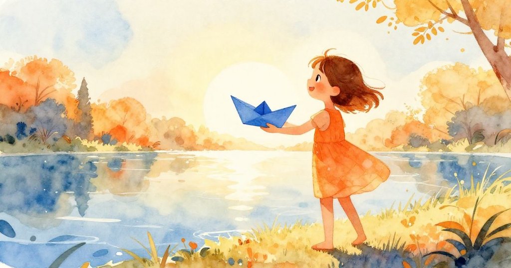 莉娜站在池塘邊，手持藍色紙船，身影在明亮陽光下顯現，呈現假期出遊的溫暖期待。