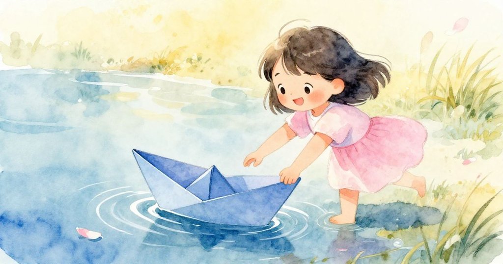 莉娜小心翼翼地將藍色紙船放向清澈池水，粉紅花瓣隨風飄來，展現溫柔又奇幻的動作。