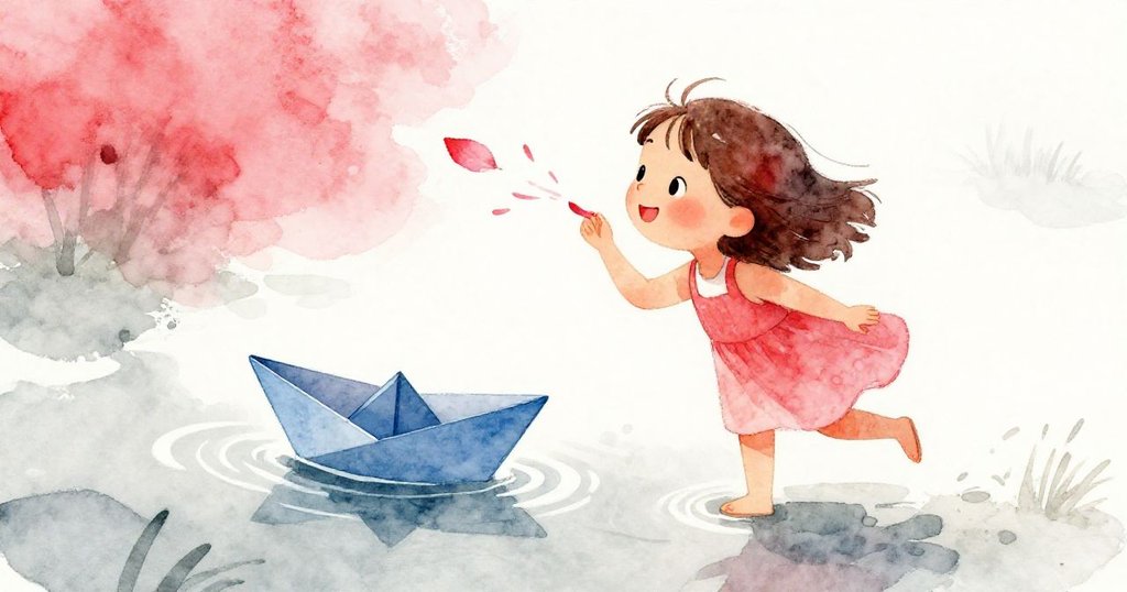 莉娜俯視拍攝，用輕柔吹氣移開漂浮的花瓣，她的紙船隨之滑行，流露出天真俏皮的神情。