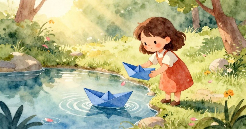 藍色紙船滑行於池面，激起輕柔漣漪，神秘蛋從水中緩緩上升，伴隨著亮藍漩渦，營造出奇幻氛圍。