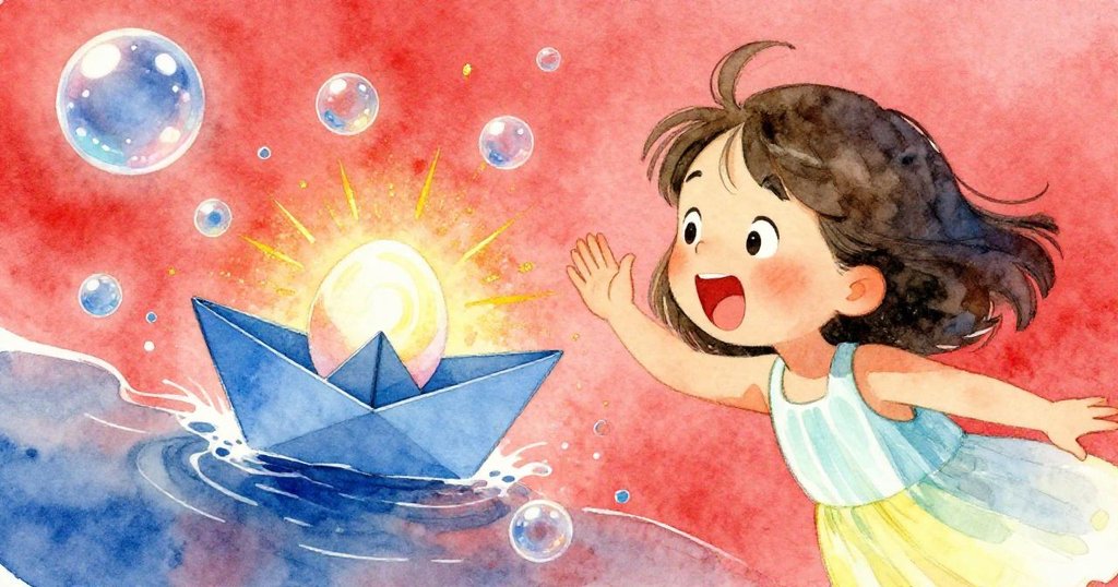 莉娜驚訝地後退，藍紙船輕觸旋轉蛋，水中冒出泡泡和亮藍漩渦，表情充滿不可思議的魔幻瞬間。