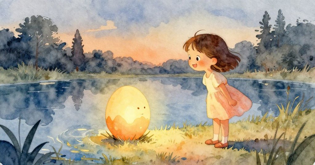 莉娜靜靜注視著平靜的池塘，蛋安穩落定，水面微光閃爍，場景充滿平和與愉悅的餘韻。