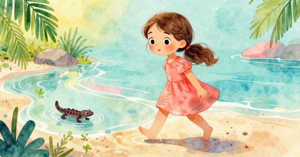 莉莉赤足踏在濕潤沙灘上，靠近閃光潮池，發現一只帶點斑點的小蝾螈穿梭於綠色水草間，展現好奇與活力。