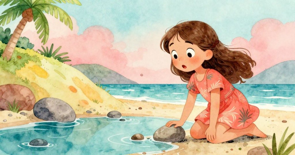 莉莉跪靠在潮池邊，用膝蓋不小心按到一塊鬆動的石頭，石頭開始滾動，她面露驚訝，展現動感轉折時刻。