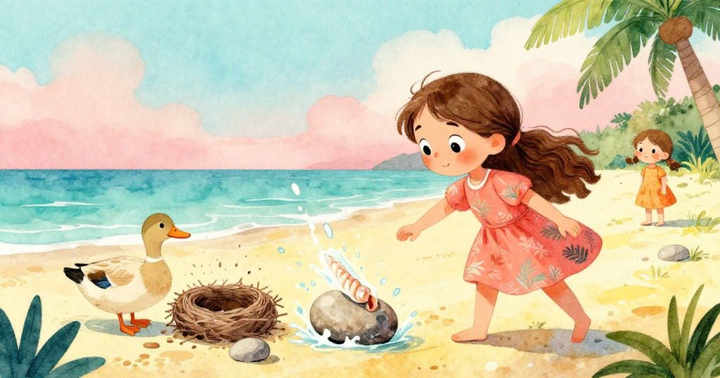 石頭滾動撞上大貝殼，濺起水滴嚇得棲息鴨子驚飛，附近燕巢被撥動，莉莉在背景靜觀變化，充滿自然活力。