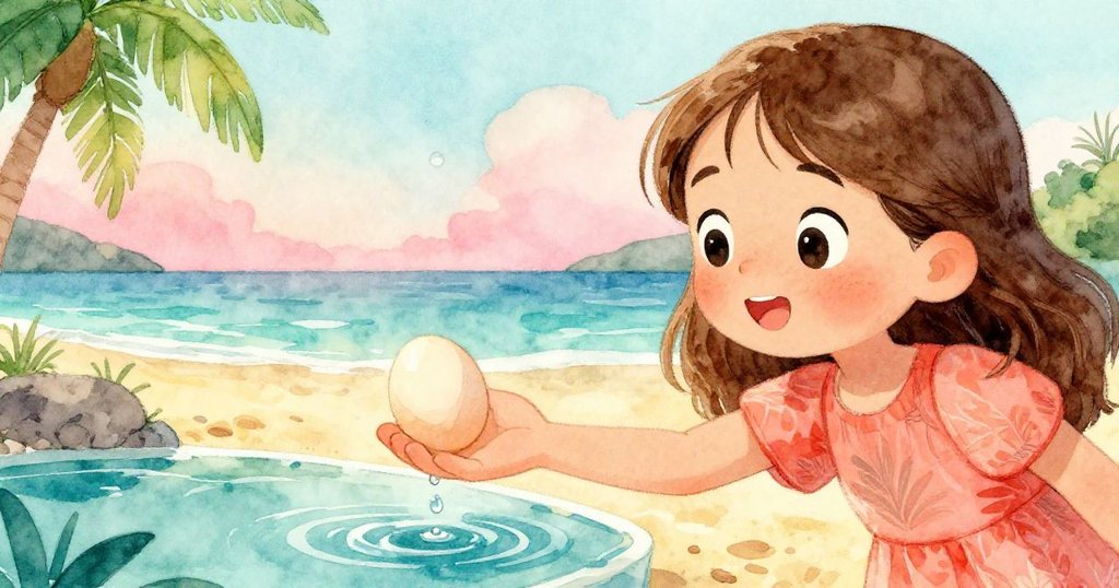 莉莉在潮池邊驚呼中伸手捉住正滾動的蛋，水珠閃爍，表情充滿關懷與驚喜，情感高潮澎湃。