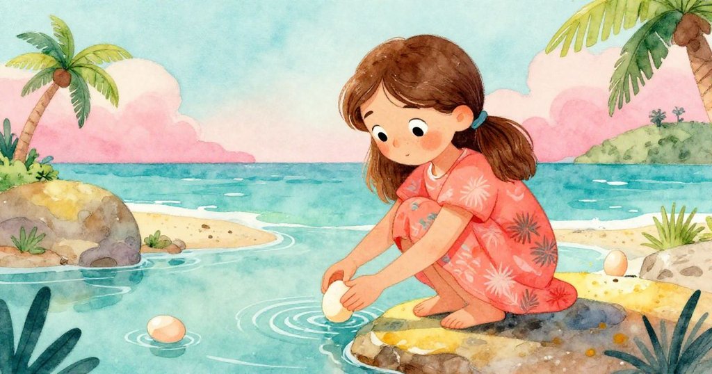 莉莉輕放蛋回潮池，將濕透畫冊置於溫暖岩石上，再次揮筆於畫中，表情平靜堅定，走向新開始。