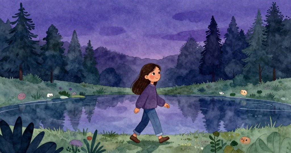 拉拉走在學校後方的池塘邊,持著晃動的玻璃罐,黃昏光影下顯現堅定與期待的情緒,背景呈現夜藍與紫色交織。