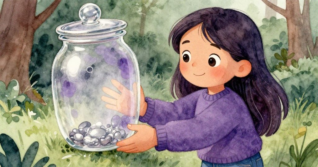 拉拉專注地注視著手中精緻的玻璃罐,溫柔的手勢與細膩反光呈現探索神秘生物的期待,深紫與銀色光澤輕映周圍。