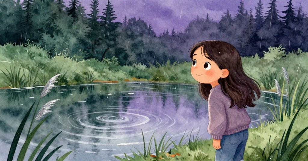 拉拉靜靜注視著微風拂過池塘水面和沾滿雨滴的蘆葦,自然氛圍中呈現柔和的綠紫色調,充滿驚奇與寧靜感。