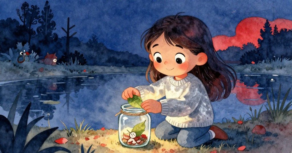拉拉滿懷喜悅為玻璃罐蓋上綠葉並用繩固定,臉上洋溢著勝利與溫暖光輝,背景為夜幕低垂的藍紫池塘。
