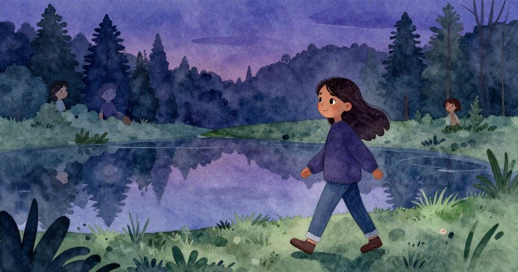 拉拉在深藍與紫色夜幕下沿著彎曲小徑回家,身影與池塘倒影溫柔交融,展現與自然重逢的平靜勝利。