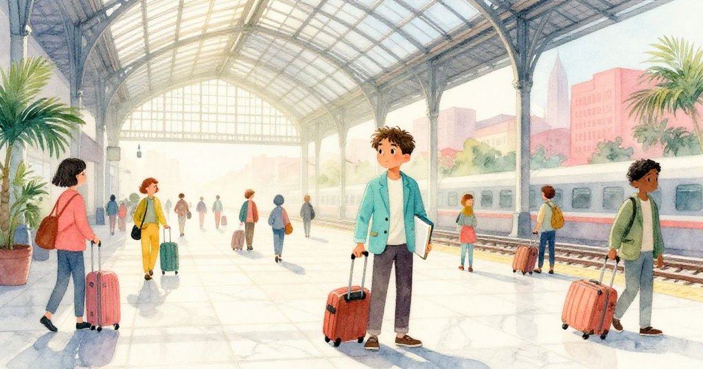 Luca在舊車站中穿梭,持畫夾,晨光柔和,周圍行李與旅客匆忙,神情專注,故事開端。