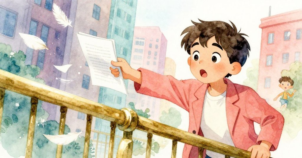 Luca的畫夾與欄杆摩擦,紙張如羽毛飛散,鏡頭傾斜呈現驚訝與急促情緒,故事加速發展。