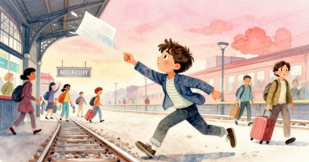 Luca急速彎腰捉紙,眼神焦急堅定,背景中行李與旅客急速流動,呈現動態緊張的瞬間。