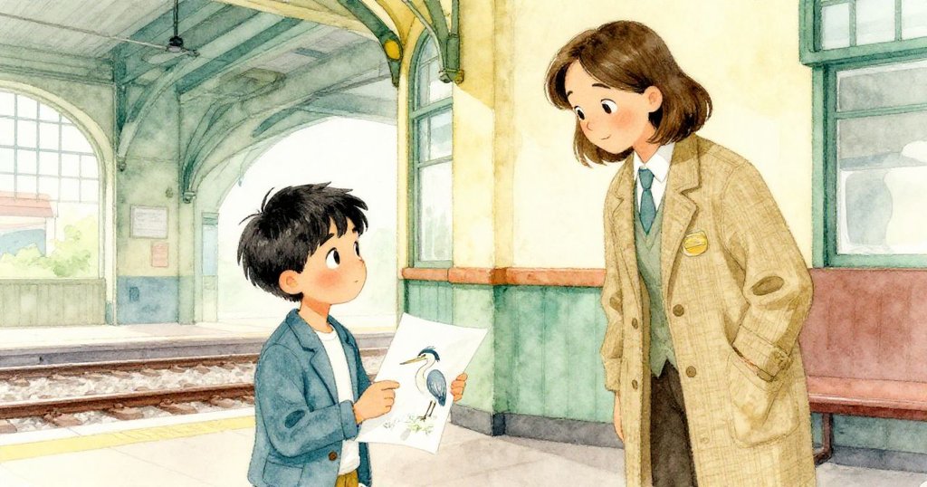 Luca與Curator在車站角落互動,Curator細讀鷺鳥草圖,兩人眼神交會溫暖相通,故事步入結局。