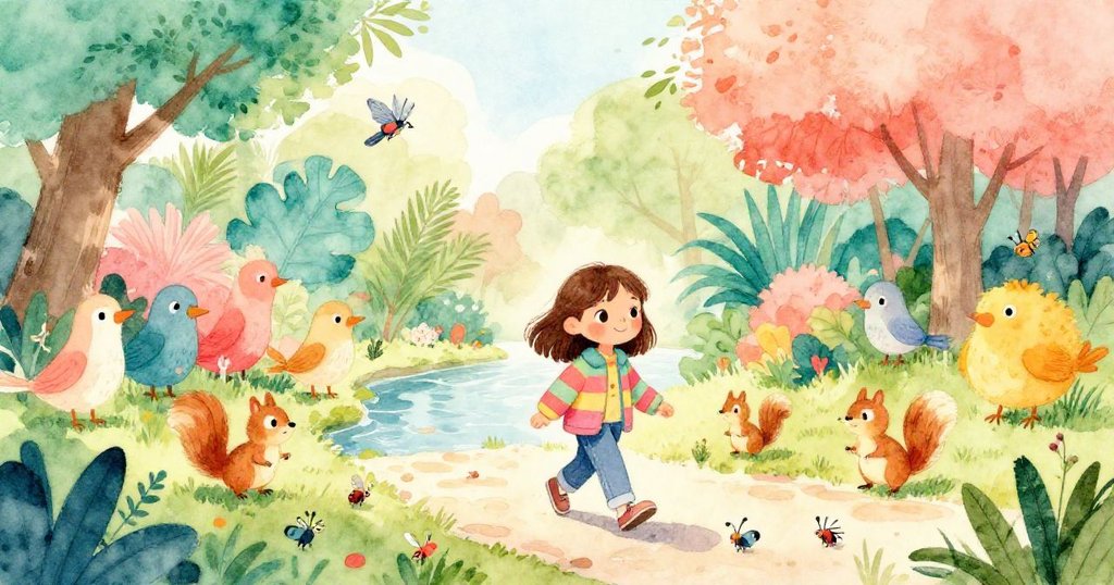 露出喜悅的Lisa沿著河邊行走,周圍有許多鳥兒、松鼠和昆蟲,晨光灑落在自然景色中,展現充滿生機的冒險開始。