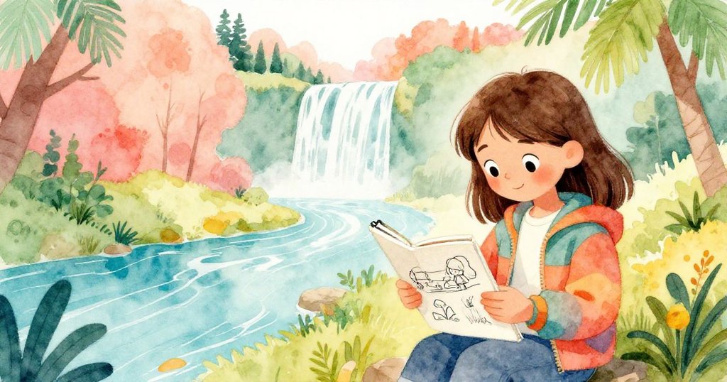 Lisa專注於手中的素描本,細緻描繪河流與瀑布,顯現出藝術創作的熱情與大自然的美麗景觀。