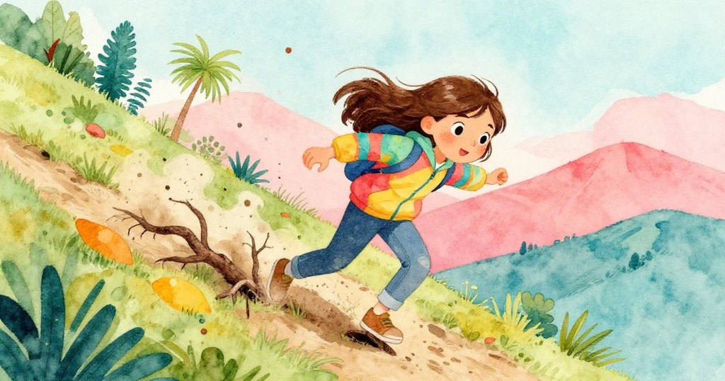 Lisa在山間小徑上不慎絆倒於粗大的樹根,灰塵飛揚中她迅速抖去塵土,展示出驚訝又堅定的神情。