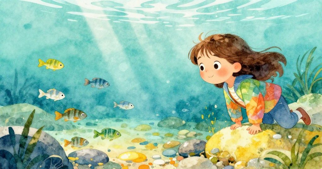 在清澈河水中,小魚穿梭於石間,同時映出好奇的Lisa探頭觀看水下奇觀,展現出驚喜與探索心情。