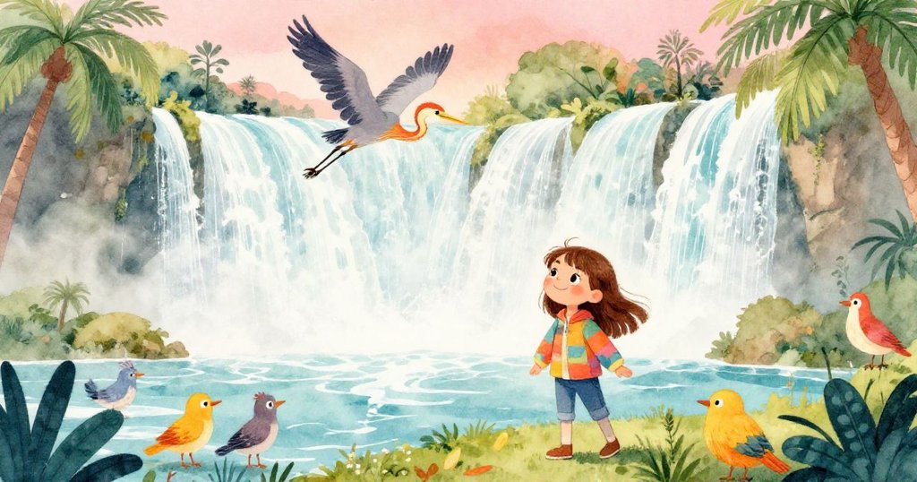 在壯闊瀑布前,Lisa與群鳥共享自然慶典,優雅白鷺在高空翱翔,瀑布水霧映出歡愉和驚嘆氣氛。
