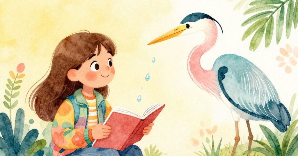 在寧靜瞬間,優雅白鷺靠近Lisa,水珠灑落在打開的素描本上,彷彿自然禮物,Lisa滿臉驚喜與感激。