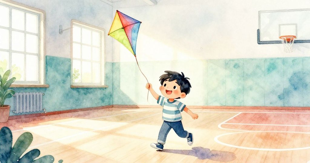 Milo攜帶彩色風箏輕步走入體育館，表情平靜充滿期待，光影交錯展現冒險開端。