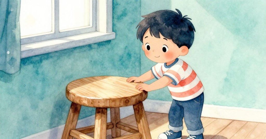 Milo專注觸摸木凳細膩紋理，在窗光照射下充滿決心，準備攀爬架子實現夢想。