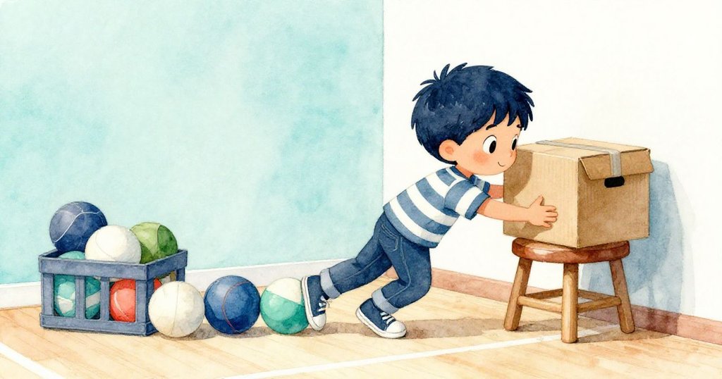 Milo無意中碰到紙箱，揭露體育館隱秘角落玩具紛亂，環境充滿意外與童趣。