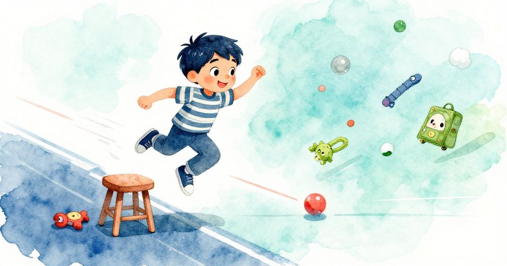 Milo驚慌跳下凳子，紅球迅速滾動，四散玩具展現追逐戲劇般的緊張與活力。