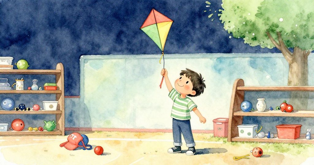 Milo最終穩妥地掛上風箏，臉上充滿成功滿足，體育館恢復整潔，散發溫馨和平的氣氛。