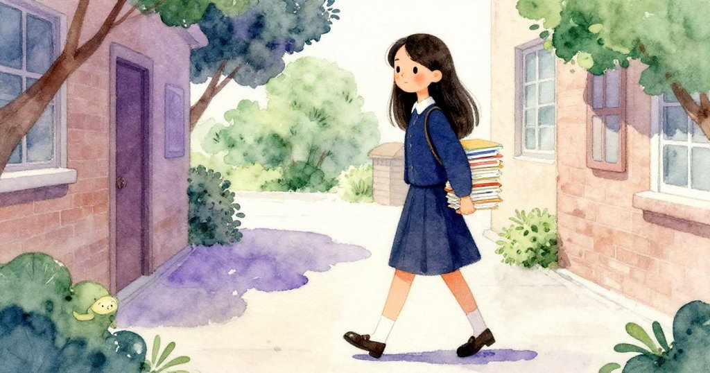 米拉輕盈走在藍紫調校園走廊上,肩背厚重筆記本,面露寧靜與自信,開始故事旅程。
