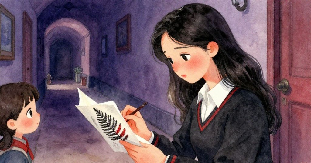 米拉專注地打開珍愛筆記本,裡面精緻蕨類圖栩栩如生,散發著對知識與美感的熱情。