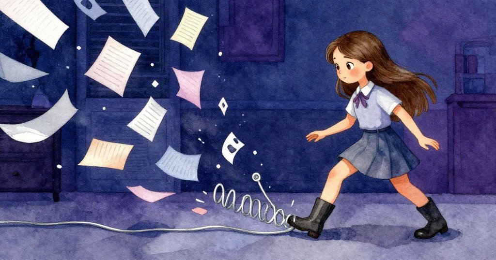 米拉的靴子勾住蜿蜒電纜,筆記本紛飛散落,室內藍紫燈光下流露驚慌與意外。