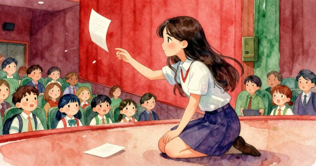 米拉急忙跪拾摔落筆記本,臉上驚慌兼堅毅,周遭學生默然關注,背景呈赤綠交織之色。