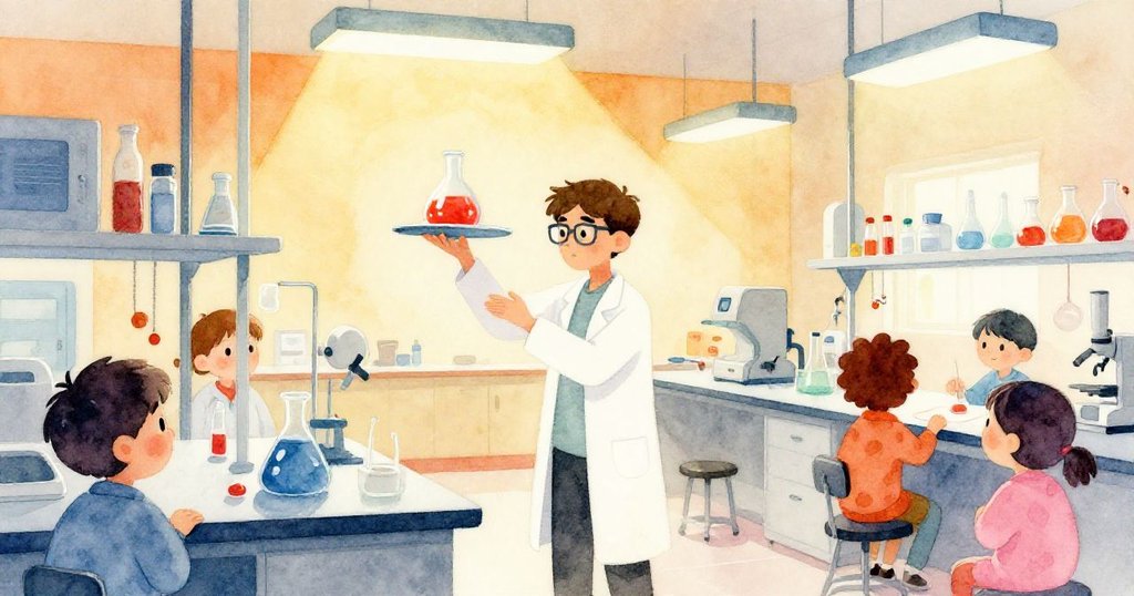 馬庫斯在明亮實驗室中,小心拿著培養皿,玻璃器皿與儀器環繞,表情專注充滿希望。