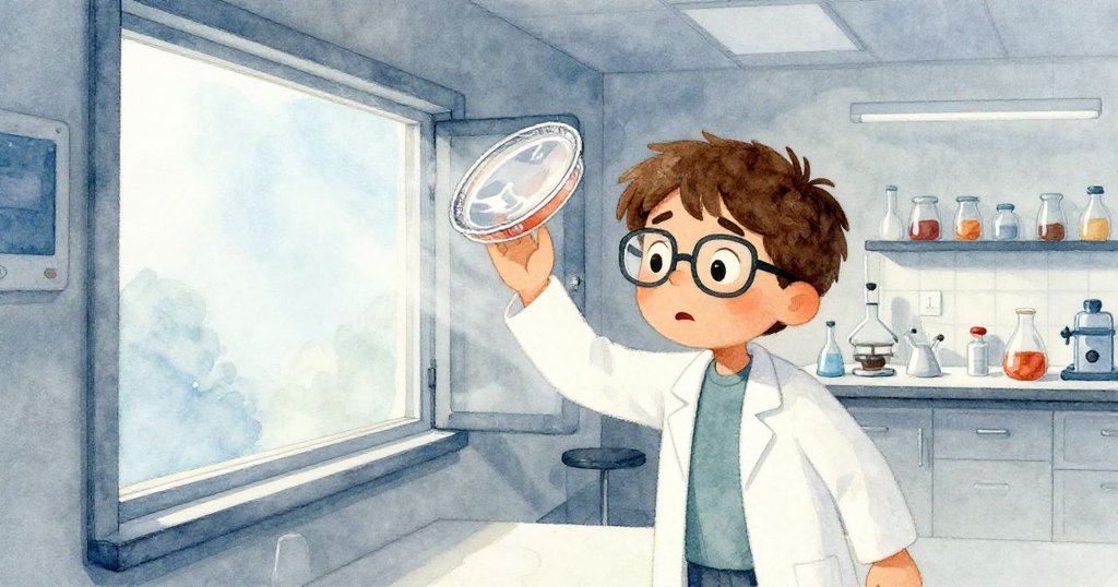 馬庫斯在實驗室中驚慌地伸手接住被風掀起的培養皿蓋,空曠的背景突顯窗外寒冷氣流。