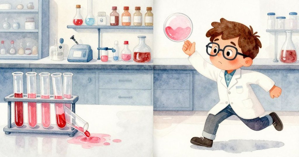 馬庫斯迅速反應的一刻分成兩部分,左邊測試管溢出粉紅液體,右邊馬庫斯奮力接住菜皿,實驗室忙碌而有序。