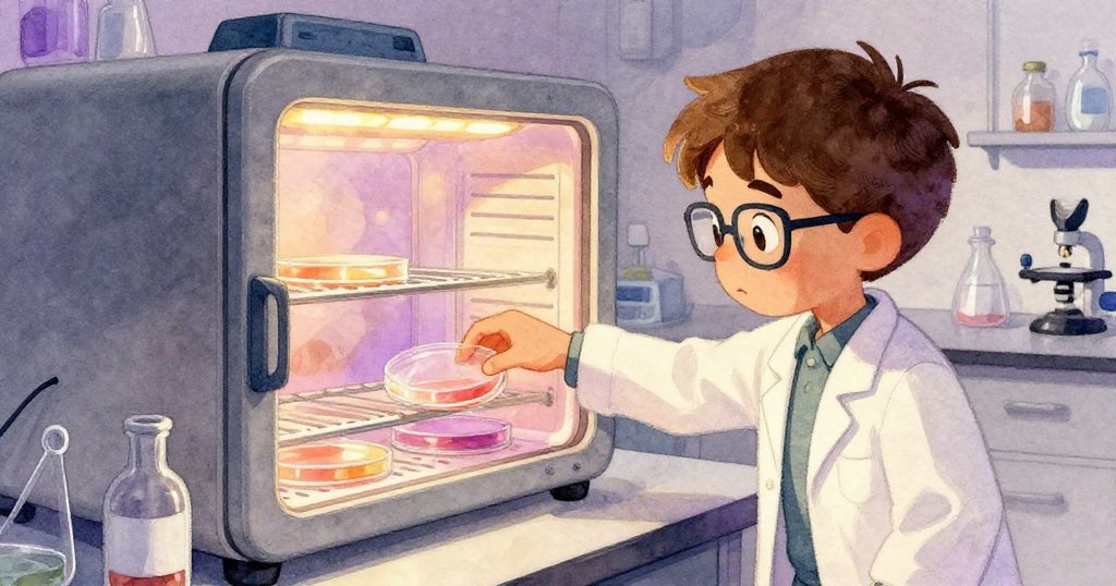 馬庫斯在應急燈光下,小心將培養皿放入培養箱中,展現出緩解與專注,背景呈現柔和紫光與琥珀燈光。